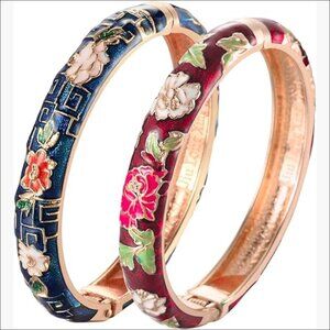 Vintage Cloisonne Enameled Alloy Bangle Bracelets Gift Box Set